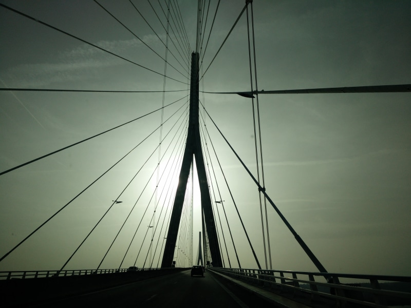 bridge, steel cable, fog, normandy, pillar, roads, transportation, night, 4K, connection, low angle view, diminishing perspective, travel destinations