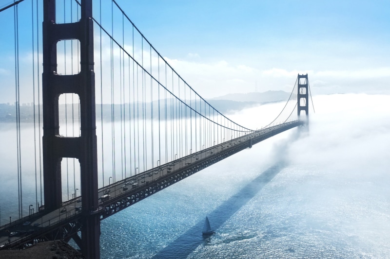 pillars, cables, day, golden, transportation, fog, architecture, built structure, outdoors, bay of water, san, bridge, scene, nature, 1080P, sunlight