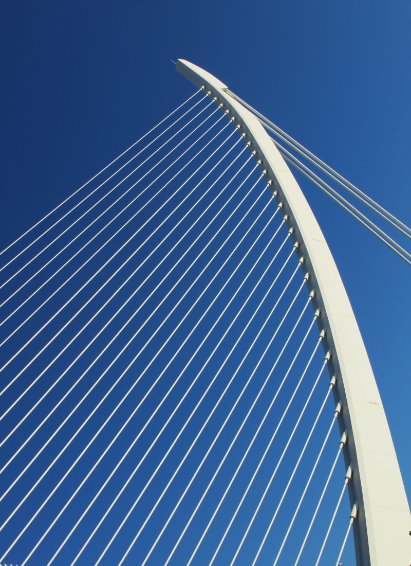 modern, Harp, suspension Bridge, outdoors, Geometry, Ropes, sky, connection, bridge - Man Made Structure, place, perspective, pattern, blue, no people