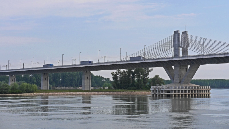 architectural column, sky, 1800 meters over water, truck, bridge - man made structure, built structure, romania, european union, danube, underflow, waterfront
