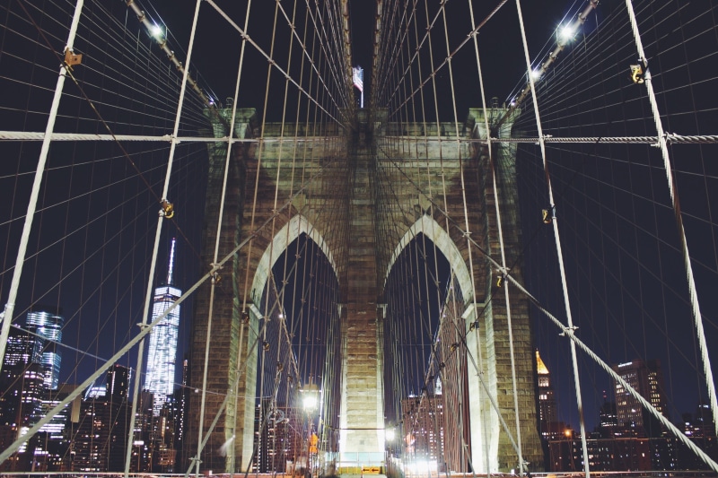 manhattan, tourism, nighttime, connection, pylon, brooklyn, low angle view, city, hudson, built structure, bridge, metropolitan, pillar, building exterior