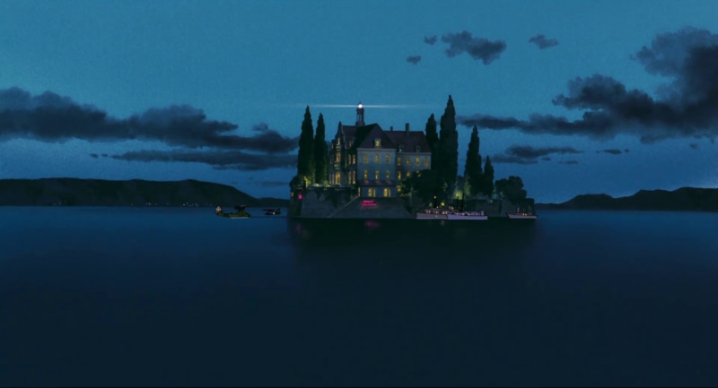 white, Studio Ghibli, water, sea, sky, illuminated, reflection, scenics - nature, red, architecture, 1080P, island, boat, no people, building, night, building exterior