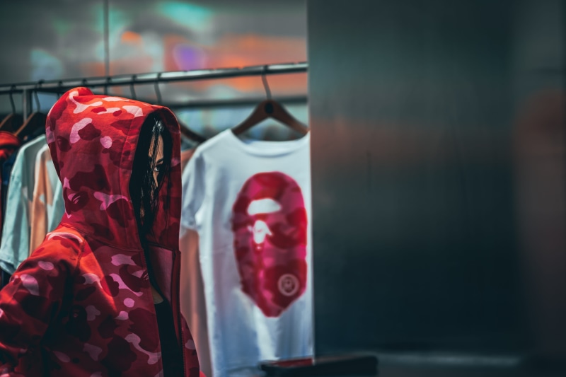 no people, focus on foreground, 4K, security, china, hanging, transparent, retail, retail display, red, window, clothing, selective focus, consumerism