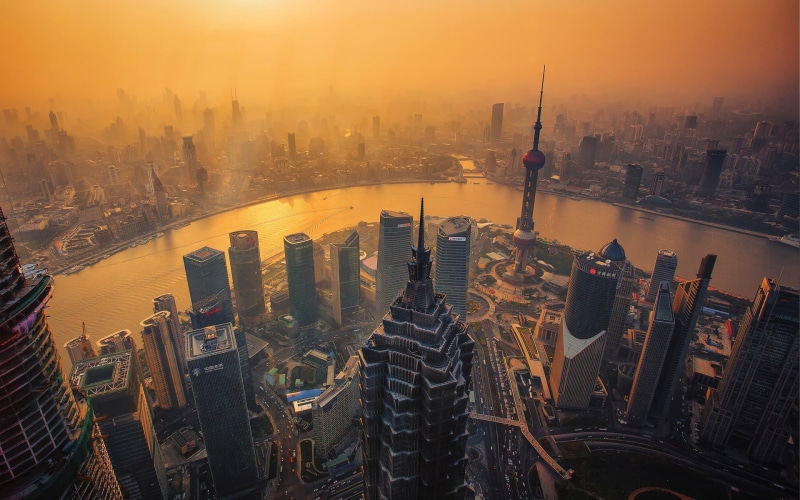 high Angle View, sunset, china - East Asia, landscape, tall - High, panoramic, tower, downtown District, futuristic, city Life, asia, orange, bird, skyscrapers