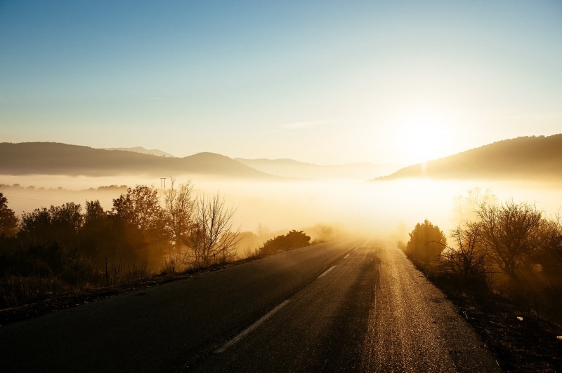 nature, 1080P, scenics, travel, sunrise - Dawn, kozani, macedonia, outdoors, greece, Lost in the fog, hill, landscape, mountain, road, morning, sun, sky