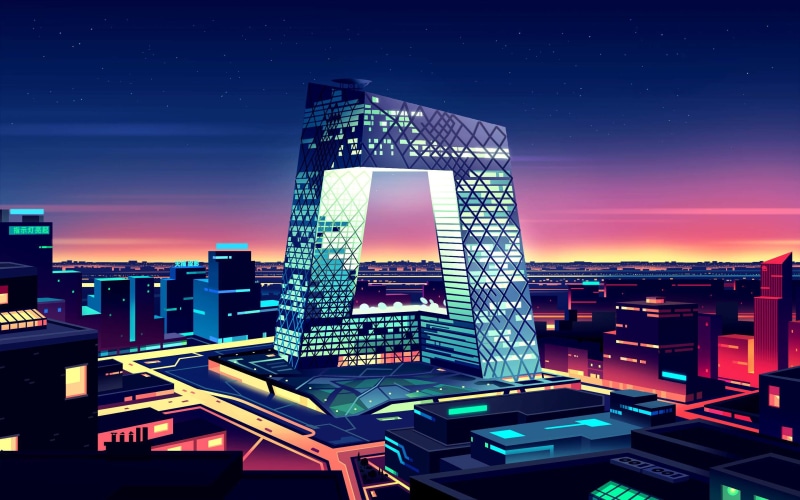 Architecture, China, CMG Headquarters, Neon, Beijing, CCTV headquarters, Cityscape, 2K, Skyscraper