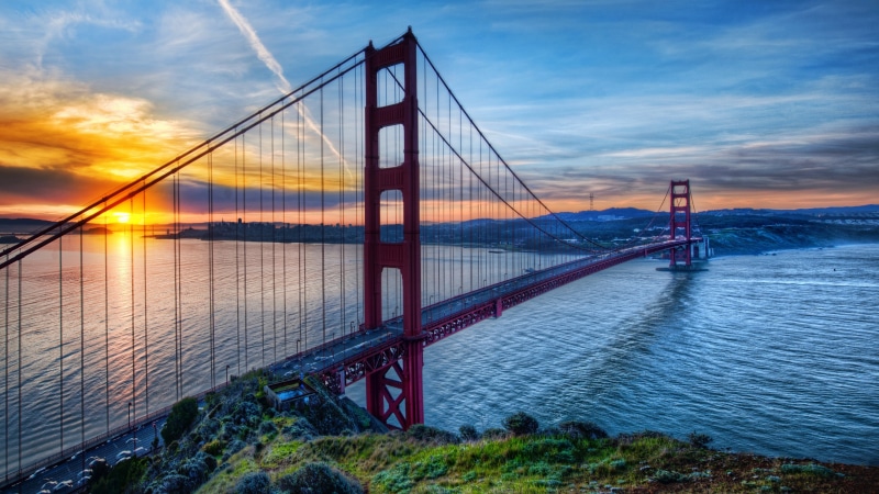 nature, usa, san francisco, city, sunrise, sky, california, sun, united states, horizon, golden gate bridge, 4K, suspension bridge, bridge, cable stayed bridge
