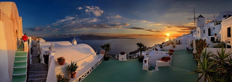 water, island, sky, land, near, white, buildings, outlook, nature, panorama, greek island, 1080P, windmills, travel destinations, daytime, architecture