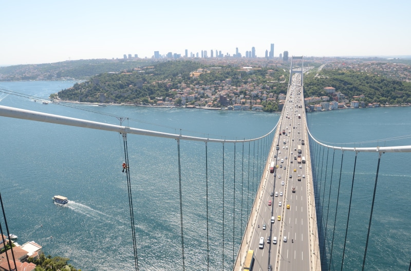 vehicle, mode of transportation, sea, built structure, car, skyscraper, bridge - man made structure, architecture, road, sky, horizon over water, cityscape