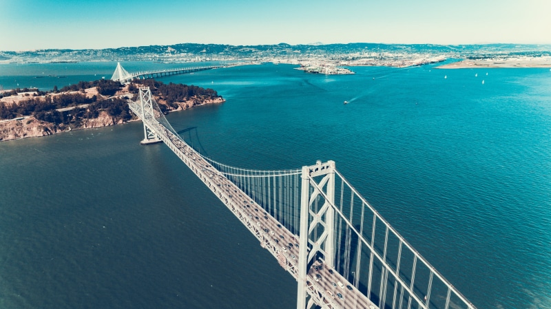 cable, beauty in nature, built structure, nature, body, no people, city, boat, bridge, horizon over water, land, travel, united states, sky, high angle view