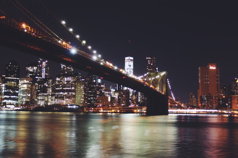 city, pillar, new york, transportation, office building exterior, 2K, illuminated, bridge, waterfront, night, skyscraper, downtown, time, water, cityscape