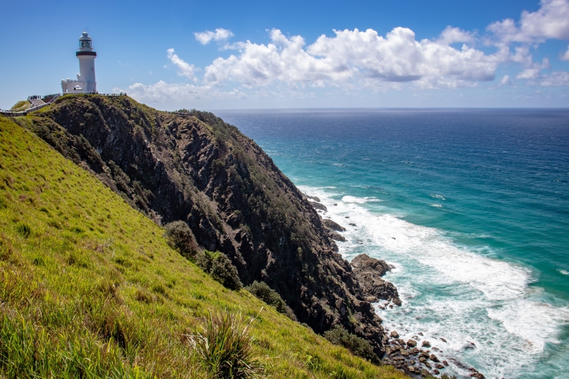 cape byron lighthouse, tower, coastal, house, no people, scenics - nature, byron bay, blue-sky, beach, tranquil scene, sea, ocean, landscape, horizon, seascape