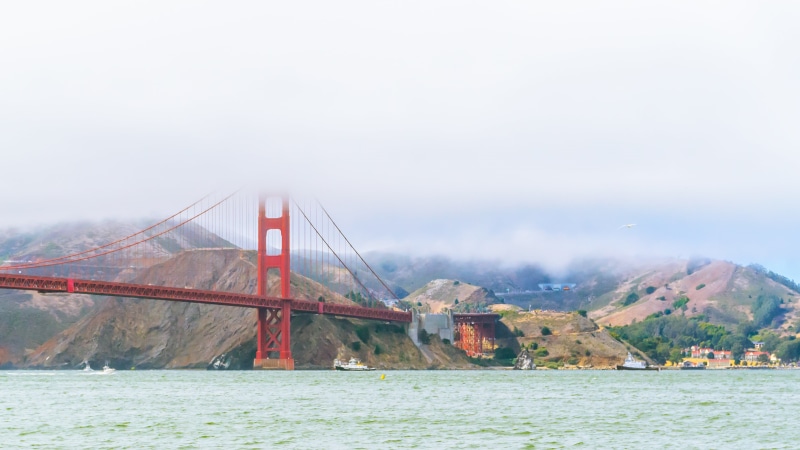 clouds, no people, river, structure, 4K, tourism, water, travel destinations, fog, bridge, highland, mountain, bay, architecture, ocean, blue, building exterior
