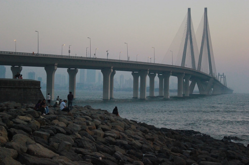 incidental people, sea, built structure, morning, rajiv gandhi sea link, india, 5K, worli, Suspension Bridge, connection, mumbai, rock - object, link