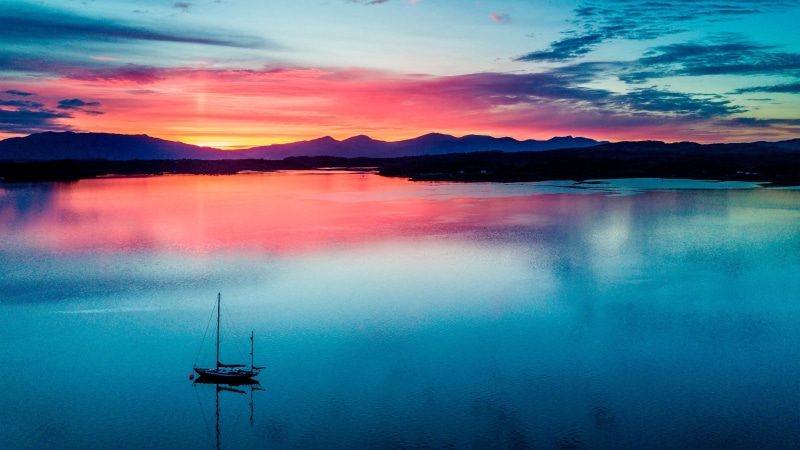 sunrise, lake, argyll, sailing vessel, scotland, united kingdom, dawn, sailboat, 4K, loch creran, sailing ship, barcaldine, boat