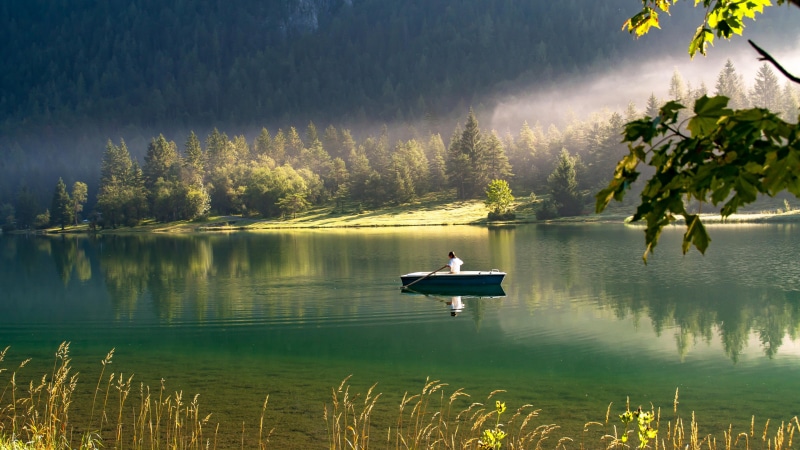 mountain lake, calm, lake, boat, tree, boating, silence, landscape, sky, water, mist, reflection, 4K, bank, forest