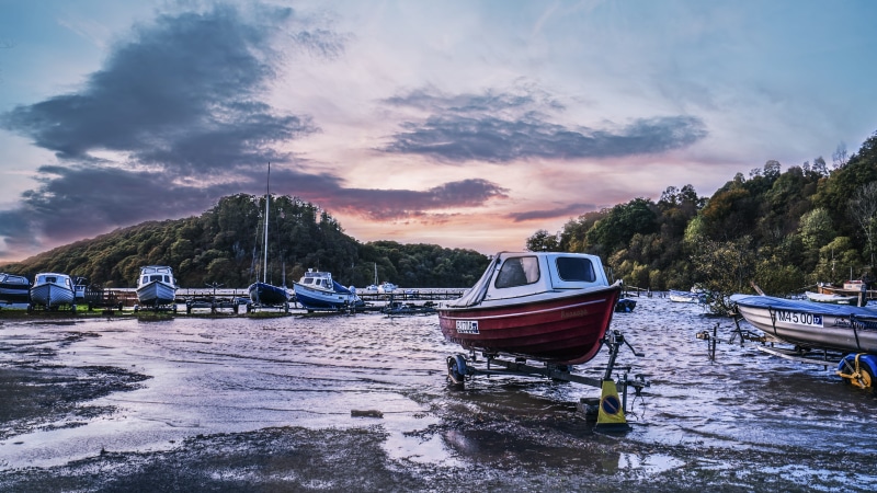 no people, sky, nessie, scottish highlander, waterfront, sunset, low tide, tranquility, united kingdom, scenics - nature, boat, cloud - sky, yacht, nature