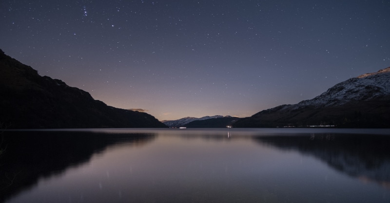 sky, astronomy, galaxy, loch, canoe, Isle, water, landscape, reflection, mountain, castle  island  Scotland, body, milky Way, scenics, Loch Lomond, blue