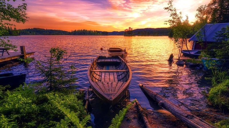loch, lake, evening, sky, bank, 1080P, orange sky, waterway, water, landscape, nature, plant, dusk, sunset, boat, gorgeous