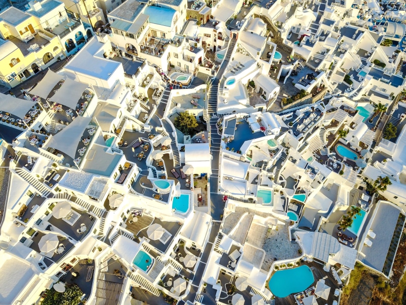 cityscape, residential district, outdoors, 4K, building, the sun, city, sky, day, greece, architecture, santorini, landscape, tree, nature, aerial view
