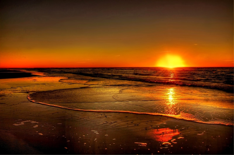 sun, evening sky, horizon, idyllic, sky, scenics, body, red, sunbeam, landscape, beach, gold, north sea, twilight, outdoors, romance, denmark, 2K, back light