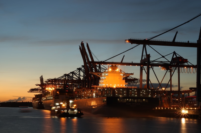illuminated, no people, cargo container, white, crane, water, nature, architecture, shipping, nautical vessel, commercial dock, ship, industry, container ship