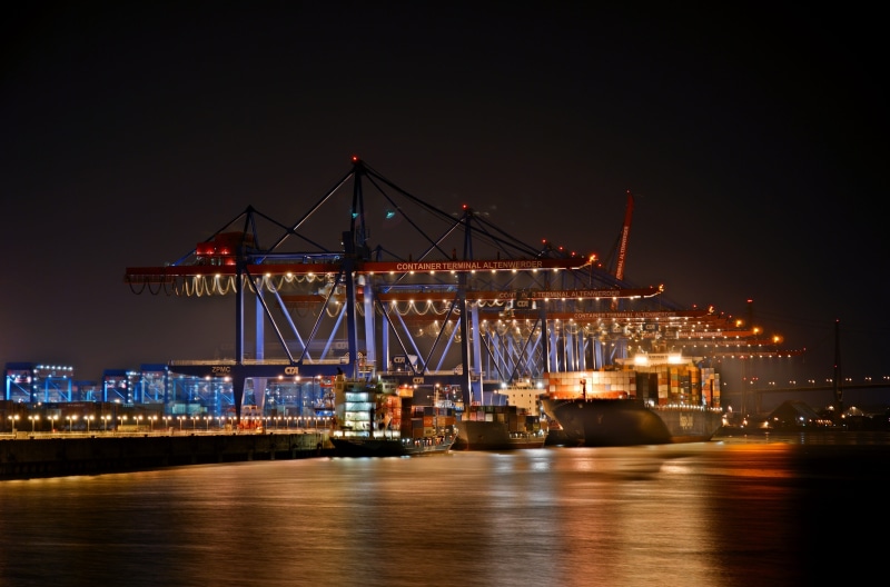 elbe, germany, commercial dock, hanseatic city, water, container ship, crane - construction machinery, shipping, illuminated, container, ship, night, cranes