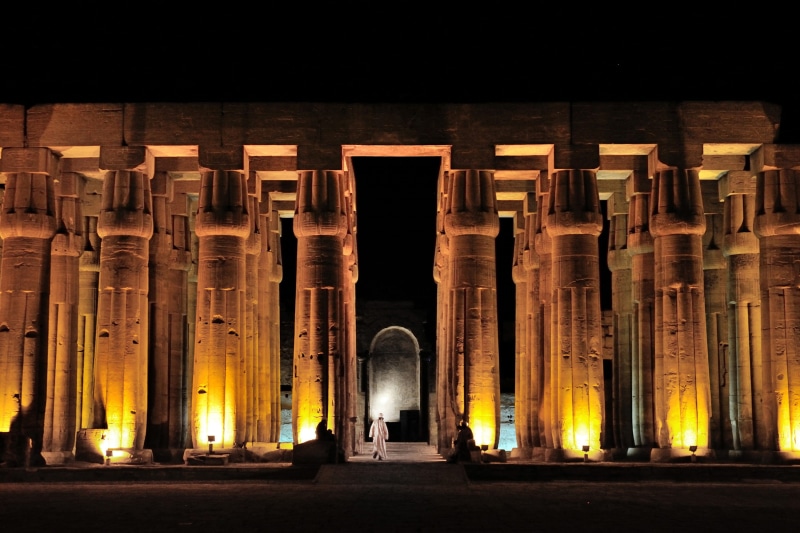 concrete, architectural column, Thebes, illuminated, monument, historic, indoors, old, standing, night, egyptian, man, light, tourism, in a row, archaeology
