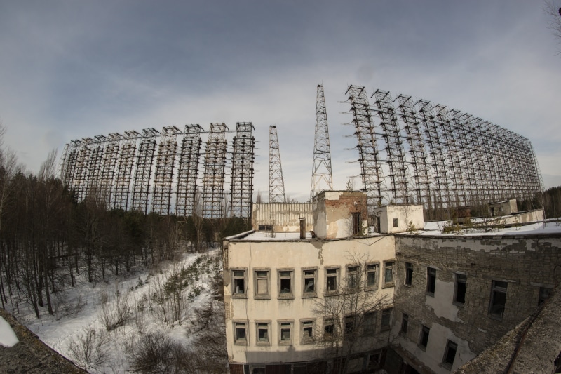 system, soviet, cages, nuclear power, cloud - sky, exclusion zone, built structure, radio, oth, plant, building exterior, duga complex, conical, tree, radioactive