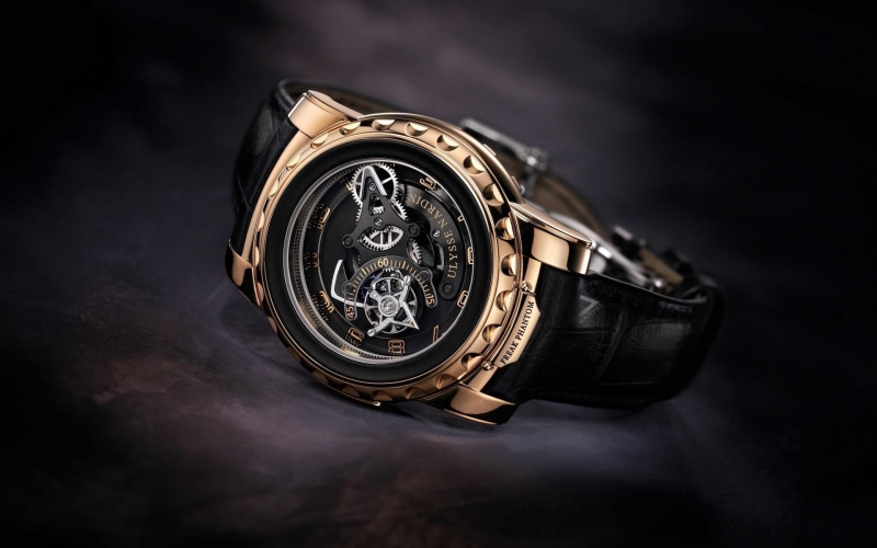 metal, Ulysse Nardin, black background, watch, time, studio shot, personal accessory, leather, luxury, black, 1080P, fashion, round, human body part, clock