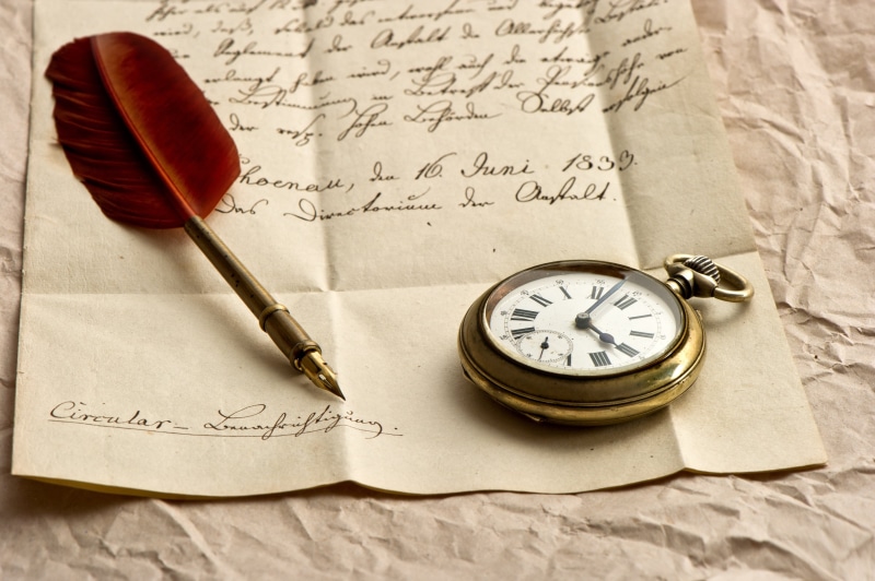 history, love letter, close-up, quill Pen, gold, text, obsolete, fountain Pen, parchment, letter, still life, paper, correspondence, 4K, time, pocket watch