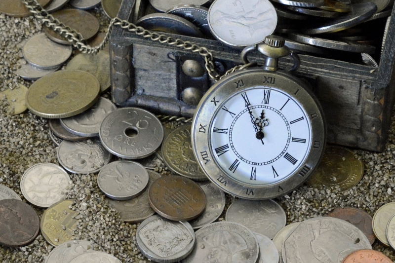 watch necklace, time is money, sand, no people, time indicating, shape, watch, silver, colored, wood, variation, clock, coins, pocket watch, 4K, close-up