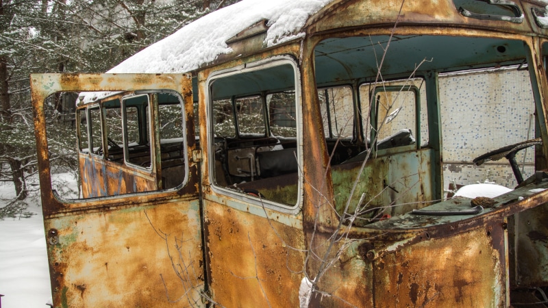 forgotten, cold, lost place, ruin, destruction, mode of transportation, deterioration, rusty, derelict, day, landscape, decline, no people, winter, pripyat