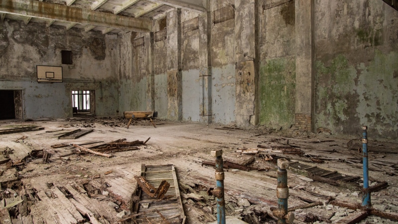 sport, no people, urban, architecture, day, dirty, decay, ceiling, gym, ruin, lost place, basketball, bad condition, forgotten, indoors, radiation, explorer