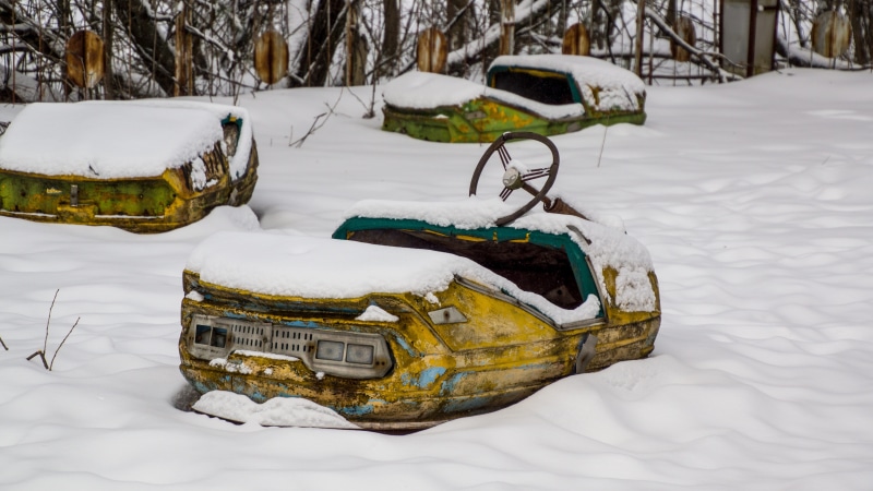 pripyat, winter, radioactive, mode of transportation, exclusion zone, ukraine, disaster, outdoors, no people, fairground, derelict, land vehicle, amusement