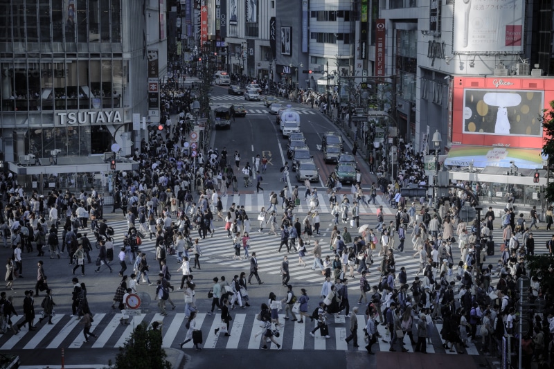 japan, shibuya, real people, 4K, road marking, asia, walking, intersection, large group of people, advertising, road, building, day, group of people, high angle view