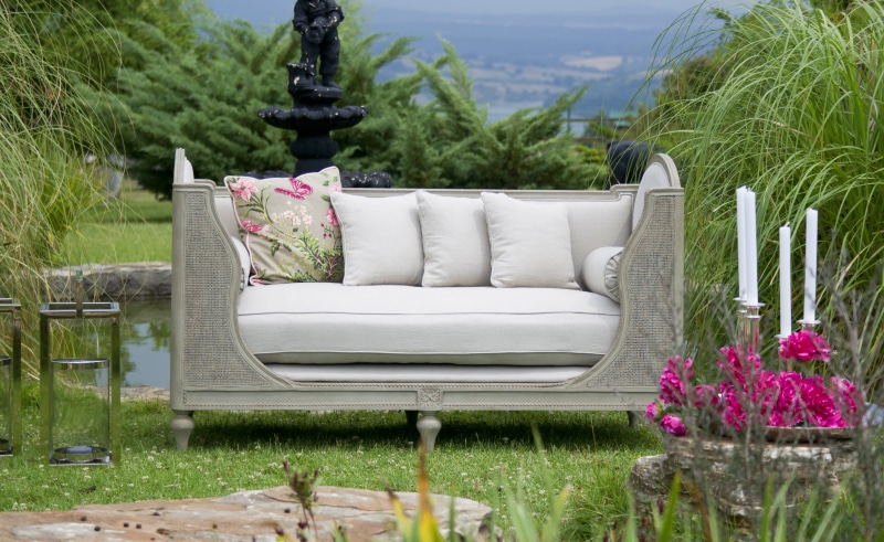style, plant, flower, armchair, 5K, cushion, furniture, decor, water, chair, luxury, interior architecture, outdoors, architecture, absence, background