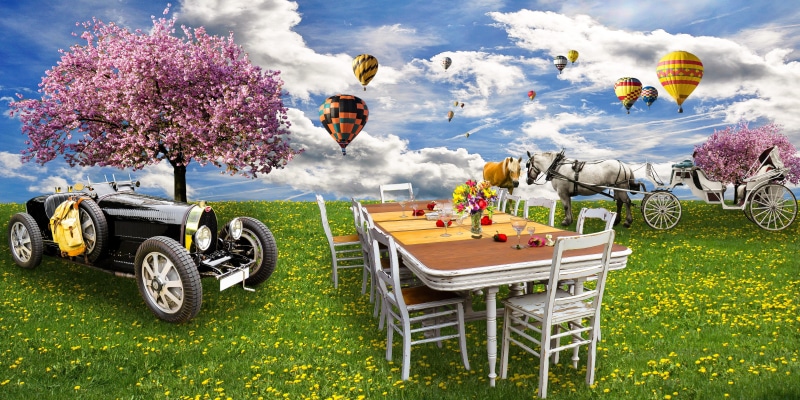 balloon, bloom, dandelion, rose, coach, field, outdoors, celebration, plant, party, beauty in nature, cloud - sky, mode of transportation, cherry tree