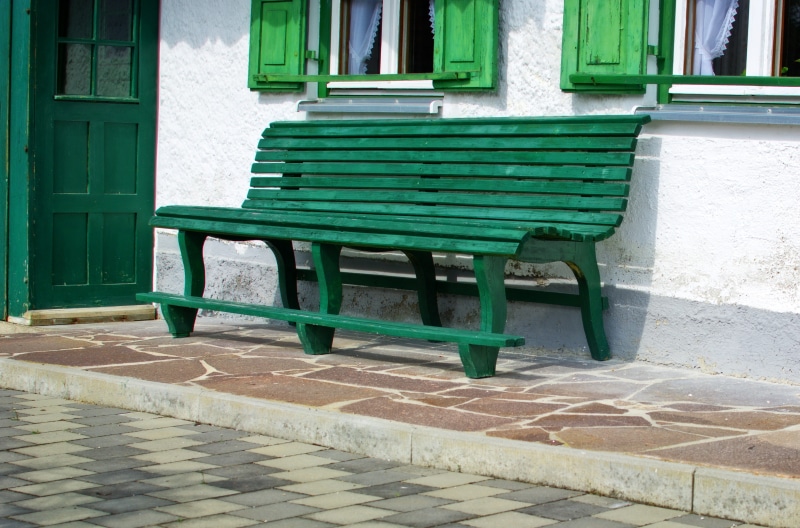 bench, Bank, green color, chair, window, absence, Wooden Bench, old, wood, turquoise colored, footpath, after work, built structure, architecture, out