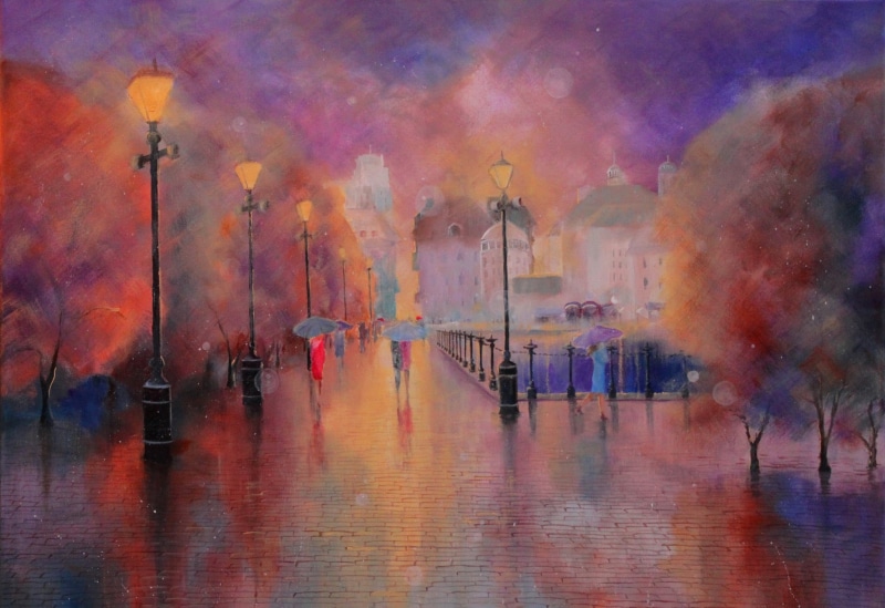 illuminated, illustration, reflection, multi Colored, transportation, digital composite, water, walking, picture, cloud - sky, oil Painting, blurred motion