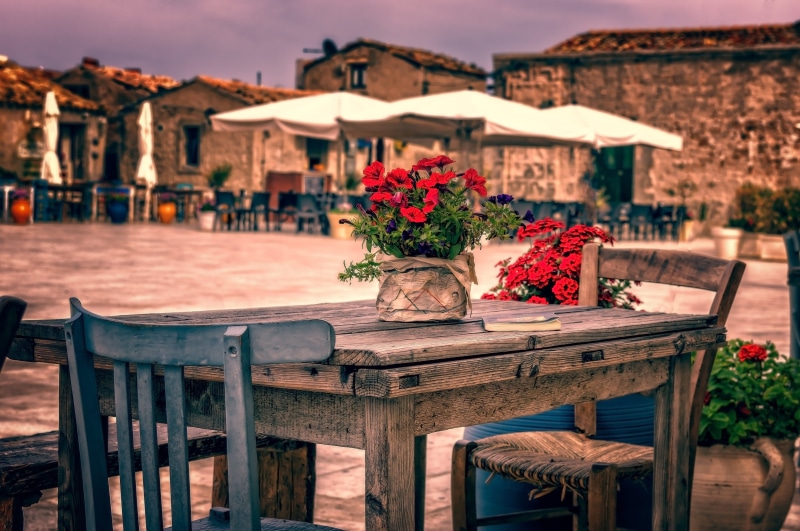 no people, out, plant, chair, travel, flowering plant, terrace, table, animal, lifestyle, weathered, read, 5K, rest, flower pot, south, one animal, building exterior