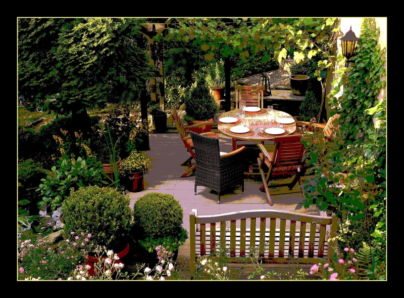 seat, book, at home, green, furniture, leaves, ornamental plant, formal garden, garden chairs, flora, eat, branches, building exterior, from above, table