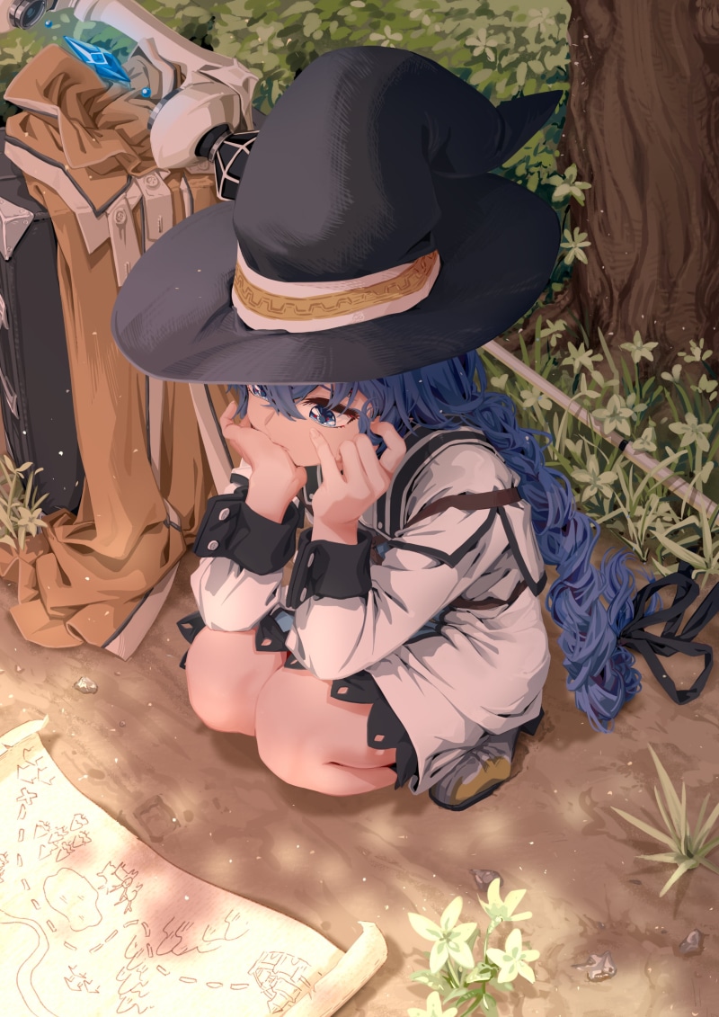 white dress, cartography, 2K, thighs, hand on face, blue hair, bangs, loli, long sleeves, fan art, 2D, braided hair, long hair, anime, blue eyes, wands