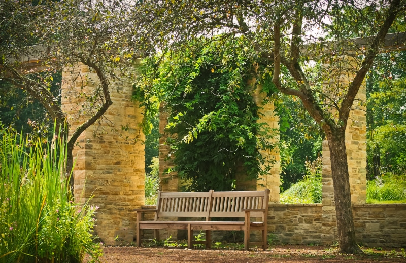 wooden, nature, outdoors, stone column, landscape, seat, plant, tranquil scene, built structure, north park, garden, away, columnar, 4K, park bench, tree trunk