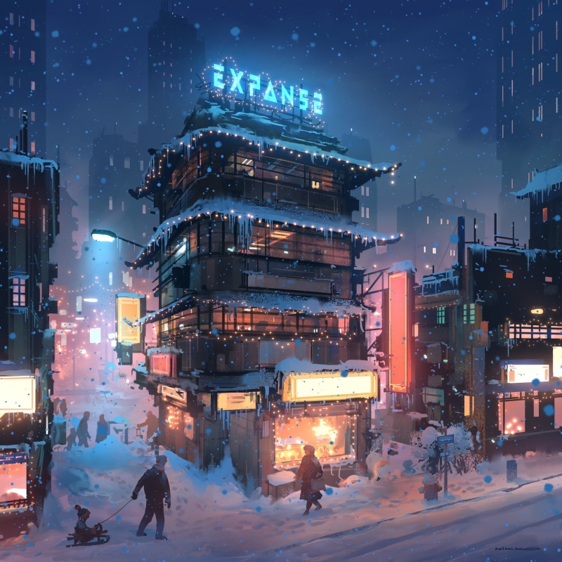 digital, 1080P, Christmas, winter, snowflake, snow, night, sled, people, neon