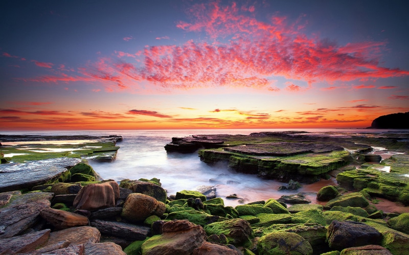 horizon, 2K, waves, rocks, sky, clouds, tablet, australia, sunset, coast, red, moss, green, laptop, hd