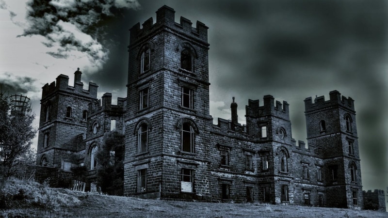 travel destinations, tree, dusk, sky, monochrome, ghost castle, built structure, outdoors, dark, history, tower, cloud, haunted castle, haunted house, storm