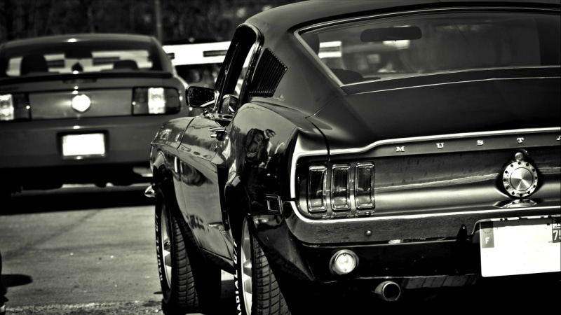 monochrome photography, no people, ford mustang fastback, 1080P, motor vehicle, mode of transportation, monochrome, retro styled, land vehicle, vintage car