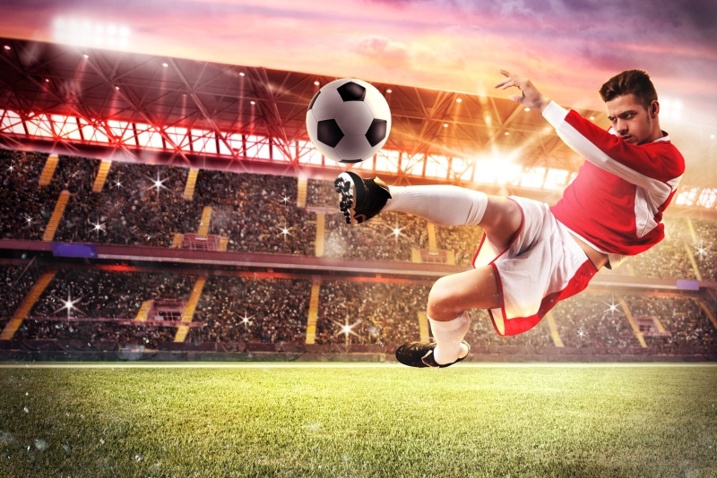 stadium, light, athlete, floodlight, kick, lawn, the ball, tribune, player, uniform, grass, football, field, 5K, jump