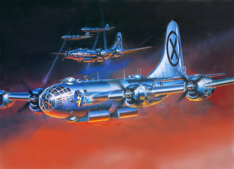 figure, B-29 Superfortress, American, night, floodlight, aircraft, four-engine, heavy, Boeing, flight, bombers, WW2, art, rays, the sky, glow, 8K, job